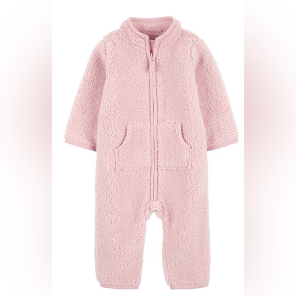 Carter’s 18 Month Baby Girl’s Fleece Zip Up 1 Piece Jumpsuit Solid Pink NWT - Picture 1 of 11